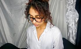 Curly sexy hot brunette gives as a new years gift, a tutorial for all the men with a dirty talk role play showing her small perfect boobs.