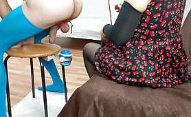 In a homemade video, adult toys are used by a milf in a BDSM homemade video as she satisfies her kinks. She milks her husband's cock dry on the glory table